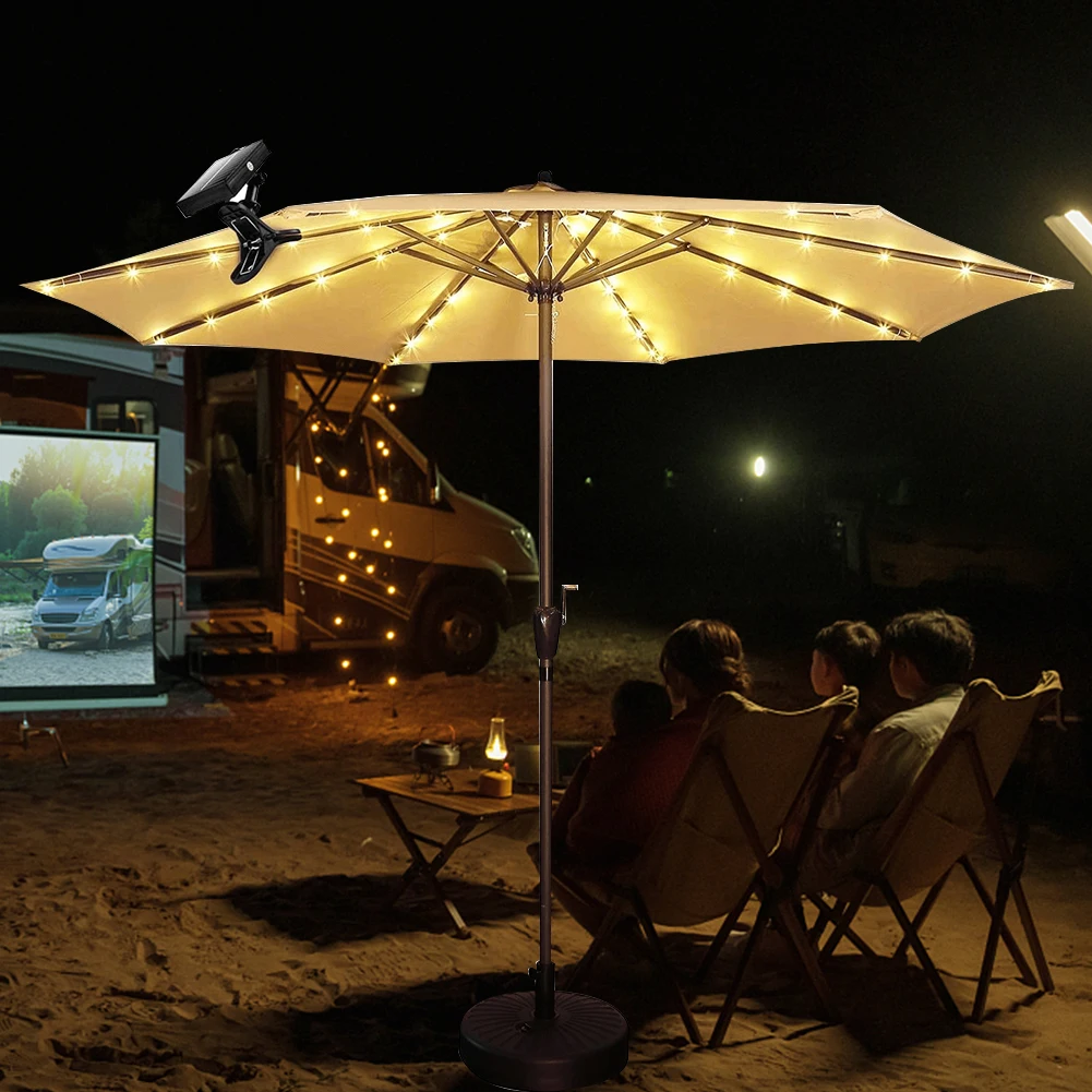 Solar Patio Umbrella Light IP65 Waterproof Umbrella Pole Light 8 Lighting Modes LED String Light USB Rechargeable Remote Control