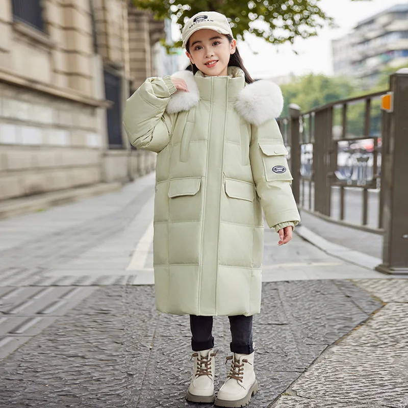 رفع الشتاء بطة أسفل سترة للأطفال فو الفراء مقنعين سترة طويلة دافئة لفتاة في سن المراهقة 5-12Y الفتيات سترة الأطفال ملابس خارجية معاطف