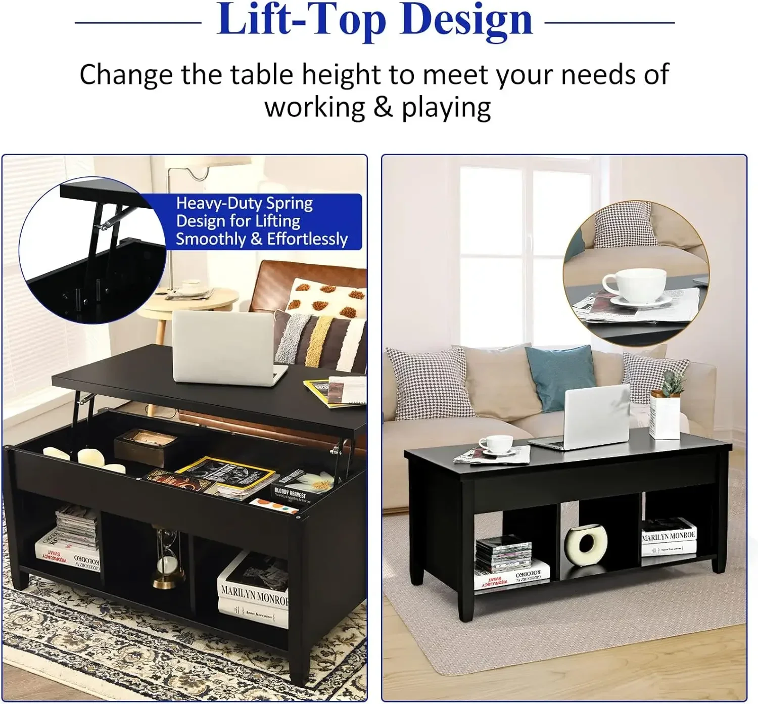 Wood Lift Top Modern Coffee Table w/Hidden Compartment and Open Storage Shelf for Living Room Office Reception Room (Black) 5
