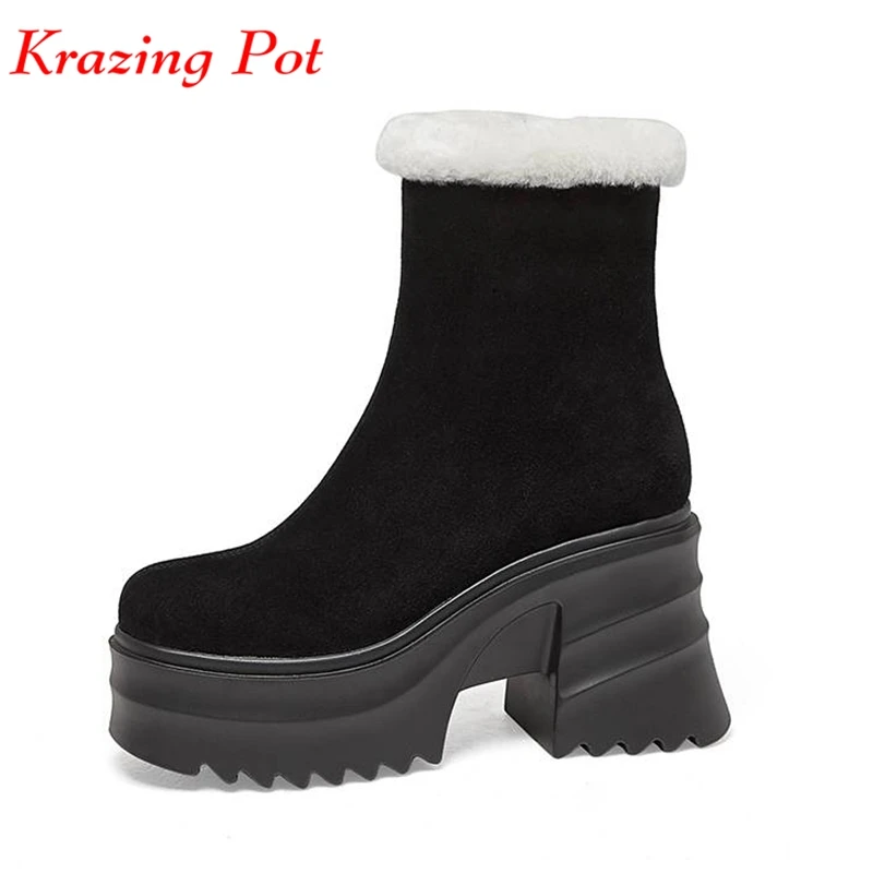 

Krazing Pot Cow Suede Wool Fur Square Toe Winter Warm Snow Boots Thick Bottom Platform Casual Sweet Princess Style Ankle Boots