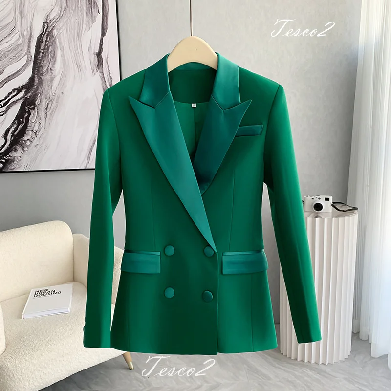 Tesco Fashion Green Women's Suit Patchwork Collar Blazer And Flare Pants Office Slim Pantsuit Casual Female Outfits 2 Piece