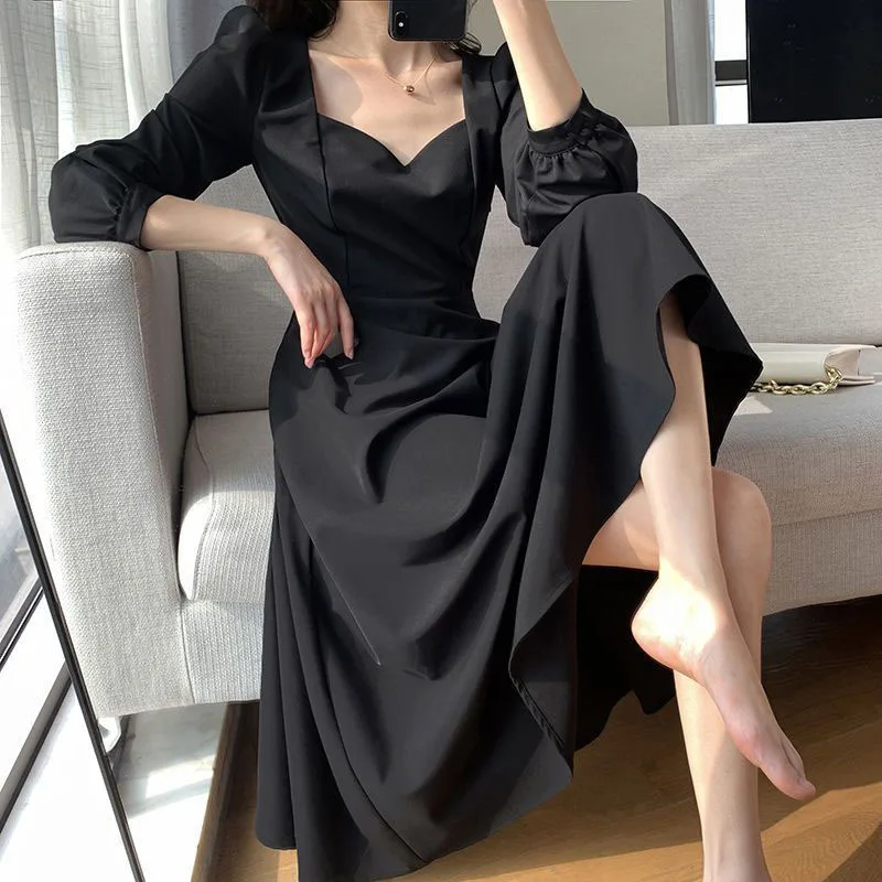 Hepburn Style Dress Women Fashion Fall Vintage Draped Lantern Long ...
