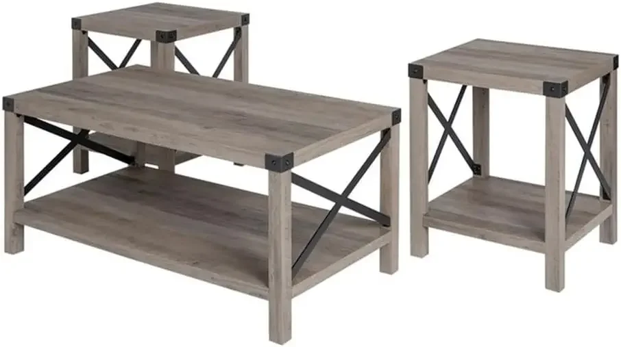4 Piece Farmhouse Barn Door TV Stand Console Coffee Table and 2 End Table Living Room Set in Rustic Gray Oak 4