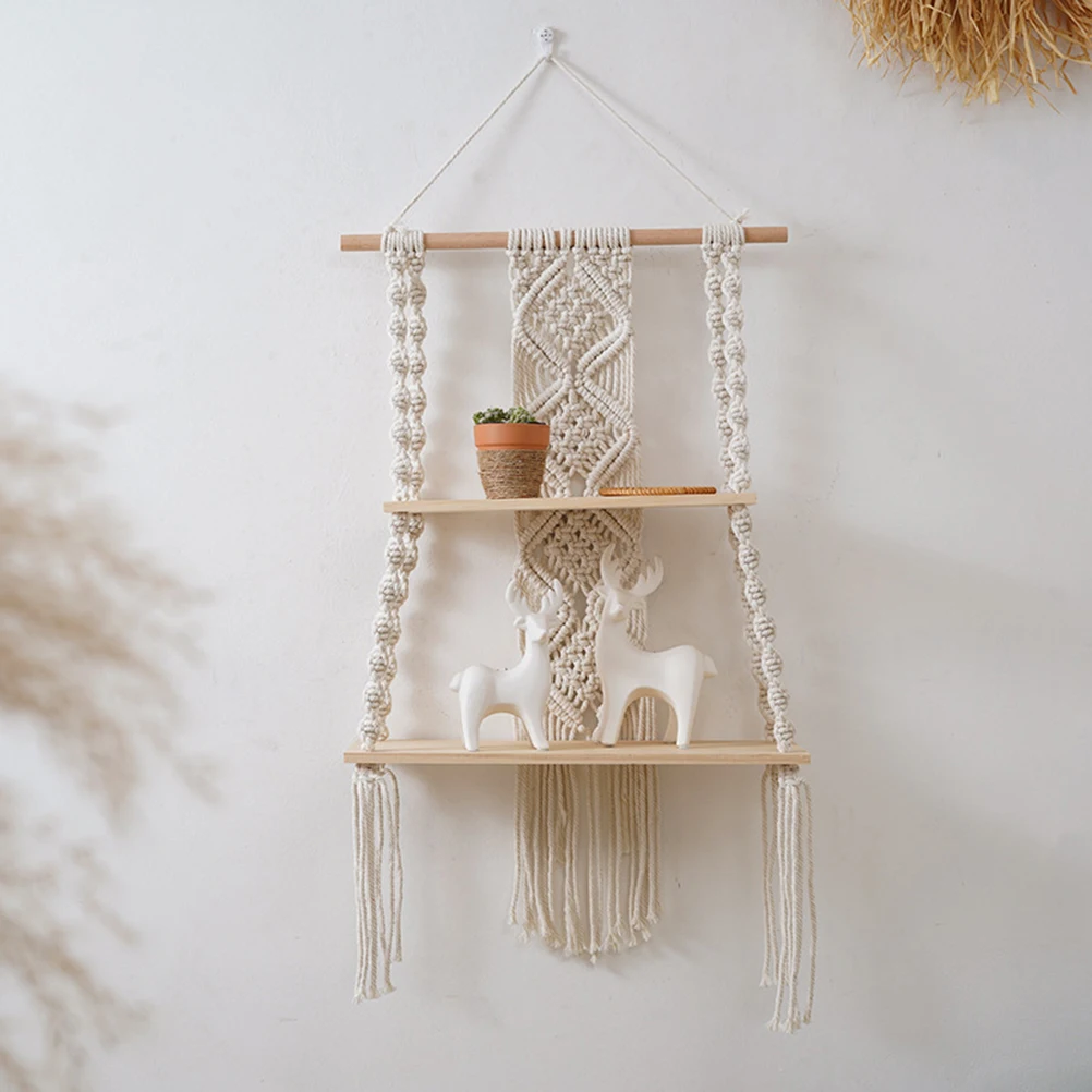 

Double Layer Shelf Bohemian Wall Decoration Wall Hangers Woven Rope Floating Wooden Shelves and Small Plants Storage Book Photos