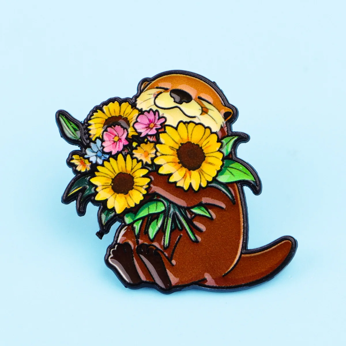 Charming Flower Bouquet Otter Enamel Pin - Cute Animal Brooch Badge for Backpack & Clothing Accessories