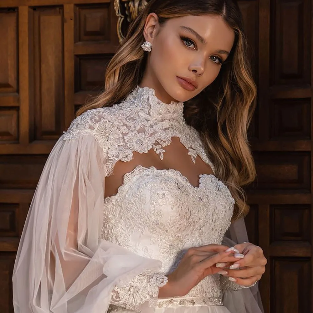 

Princess Lace Wedding Dresses Elegant Long Sleeves High Neck A Line Applique Bridal Gown With Jacket Robes De Mariees Luxe Dubai