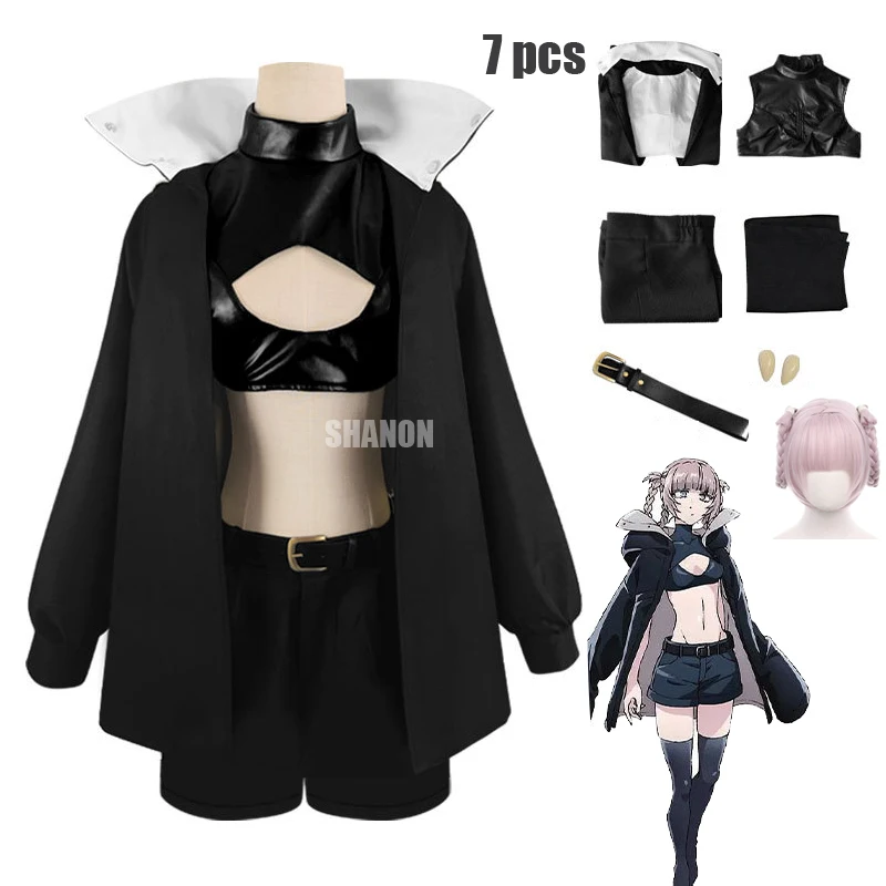

Anime Call of The Night Nanakusa Nazuna Cosplay Costume Wig Black Cloak Jacket Leather Vest Shorts Outfit Yofukashi No Uta Women