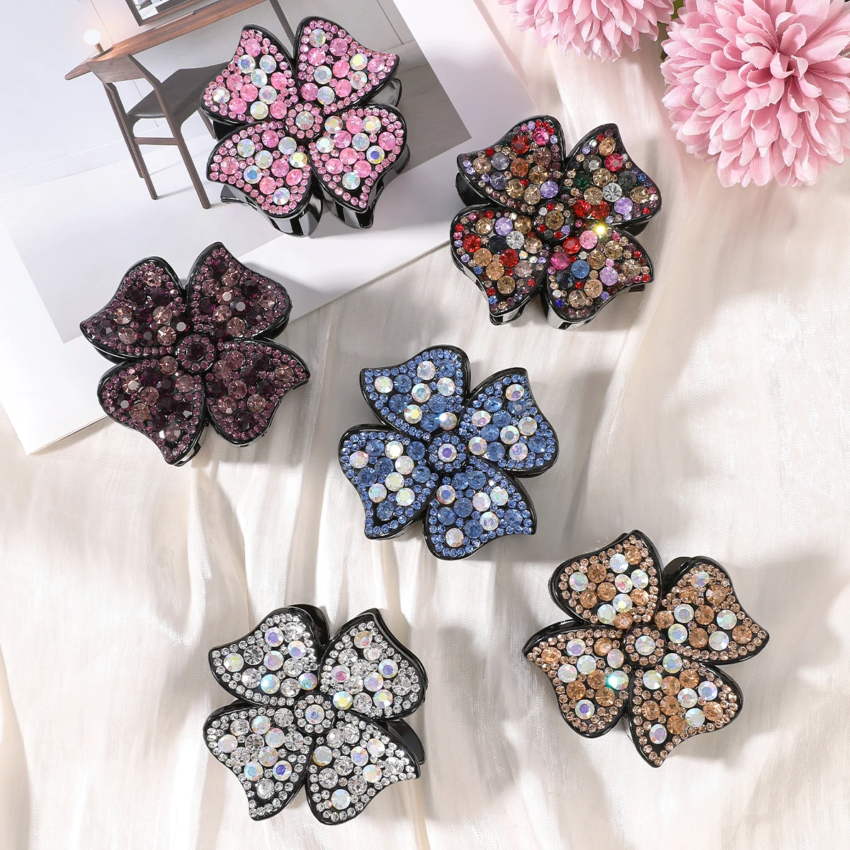 1pc Diamond Flower Women Hair Claw Clip Plastic Shark Clips Temperament Girls Fashion Barrettes Elegant Ladies Headpiece