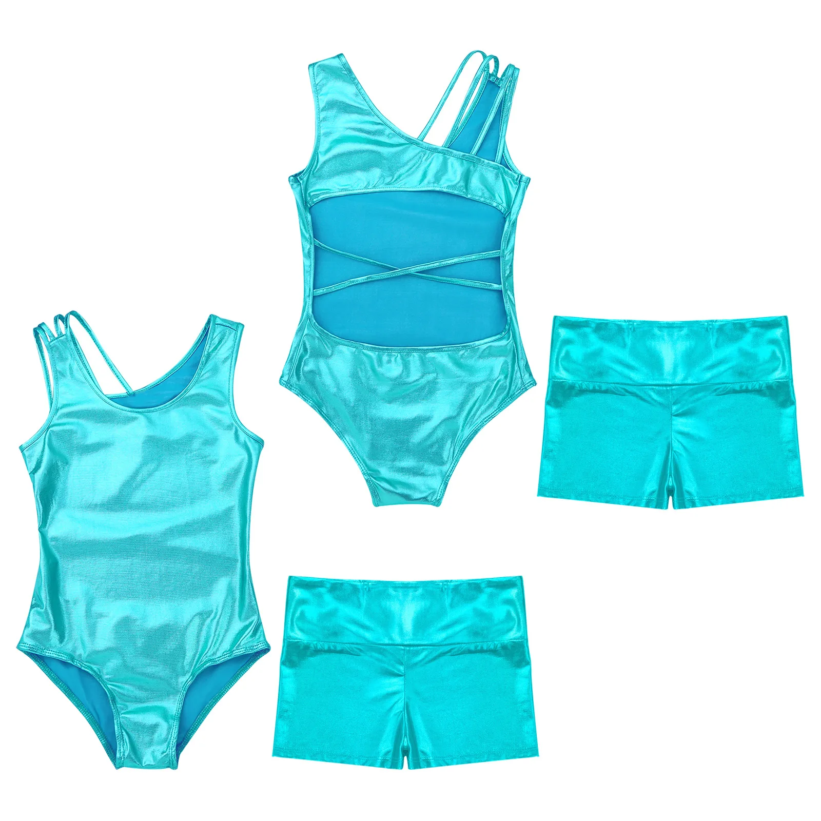 2023 Kids Girls Ballet Dance Suits Metallic Shiny Sleeveless Open Back Straps Glittery Leotard Jumpsuit with High Waist Shorts