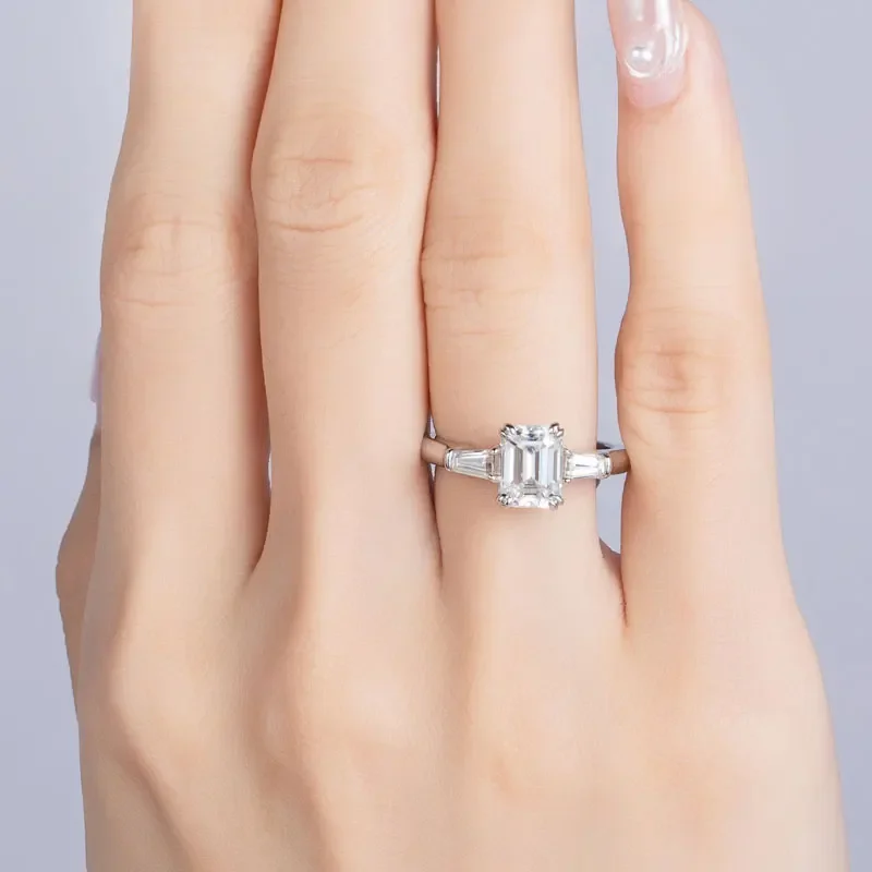 All Moissanite 3-Stone Engagement Rings For Women Solid 925 Sterling Silver Emerald Cut 2ct VVS1 D Color GRA Certificate