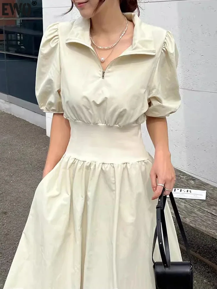 ELFSACK 소프트 핏 버블 슬리브, 핑크 스퀘어 넥, 원피스 와이, 2024 여름 신상, 피크닉 여행, 휴가 휴가 