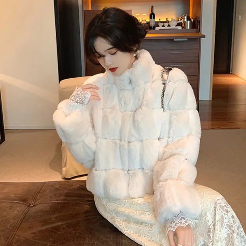 Temperament Plaid Faux Rabbit Fur Coat 2023 Winter New Women Loose Stand Collar Outwear Casual Warm All-match Short Jacket