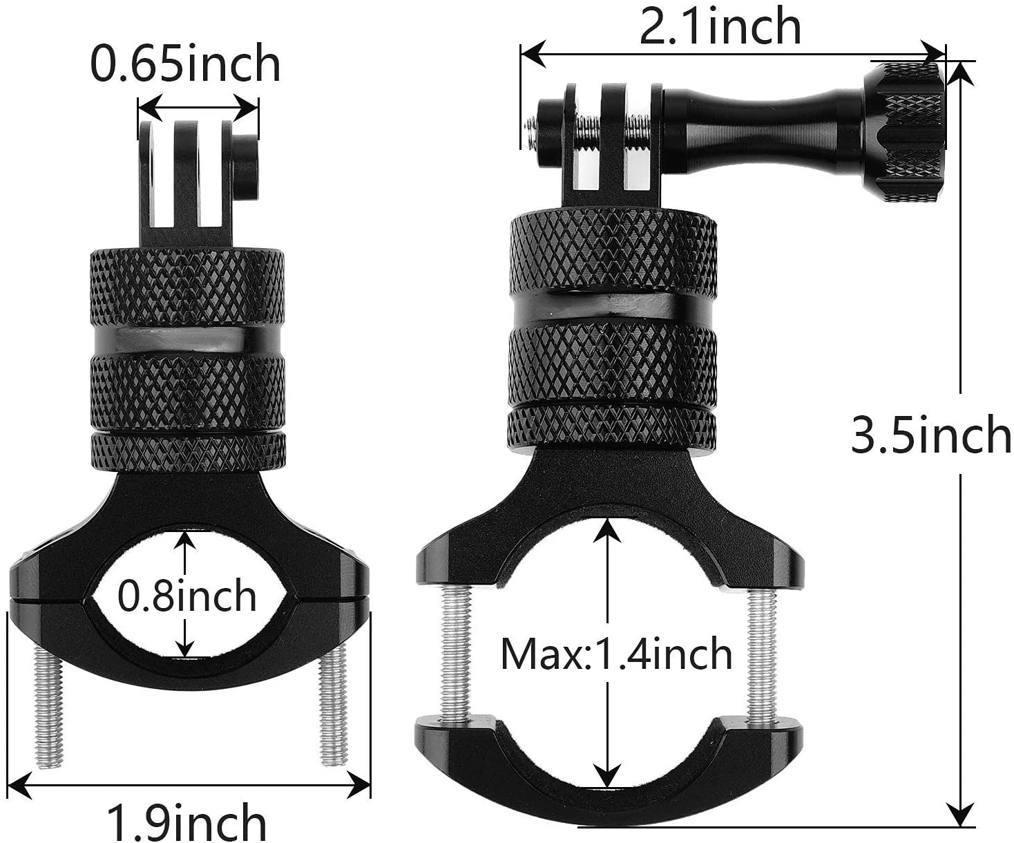 Support de caméra pour vélo installé sur guidon, rotation libre à 360°, design robuste noir.