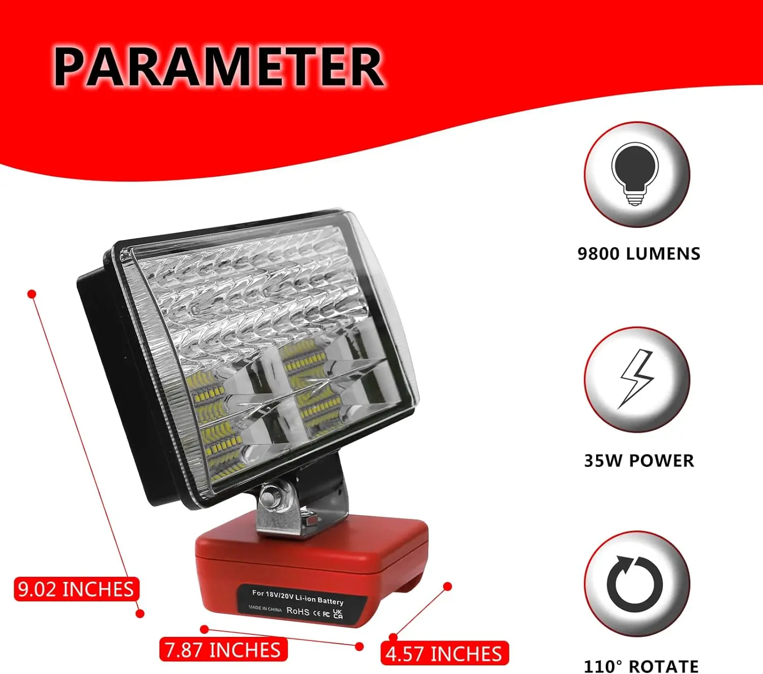 35W Led Work Light for Milwaukee 18V Li-ion Battery Emergency Lights Power Tool Light with Two USB Ports