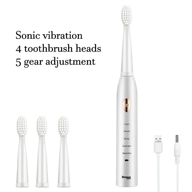 thumbnail image 1 of Cepillo de dientes eléctrico sónico de pelo suave, resistente al agua IPX7, modo de 5 velocidades, temporizador de blanqueamiento, carga USB, para adultos, cepillo de dientes de 4 colores, 1 of 5