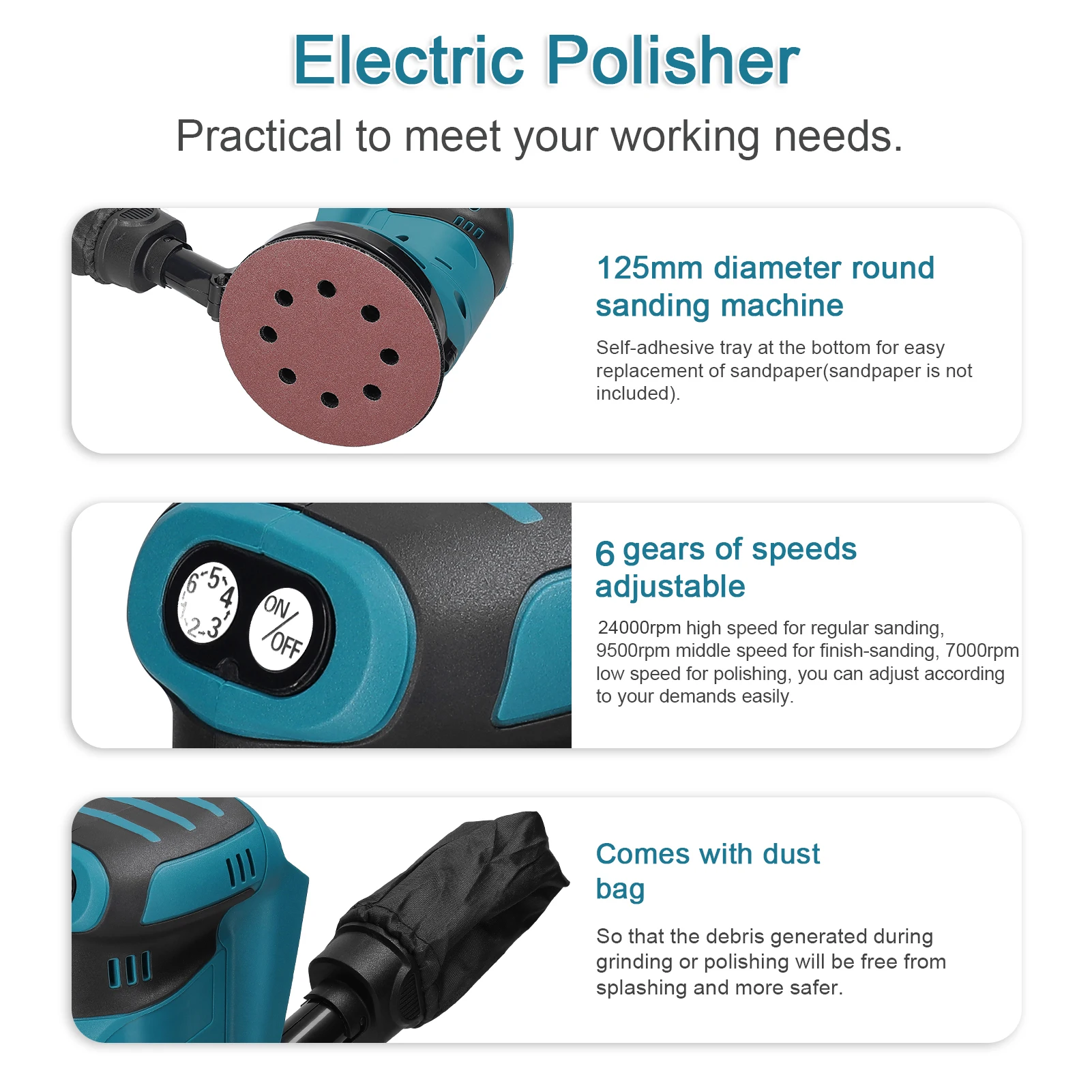 125mm Brush Motor Cordless Orbital Sander Wood Grinder Wood Metal Waxing Polishing Grinding Machine for Maki ta 18V Battery Tool