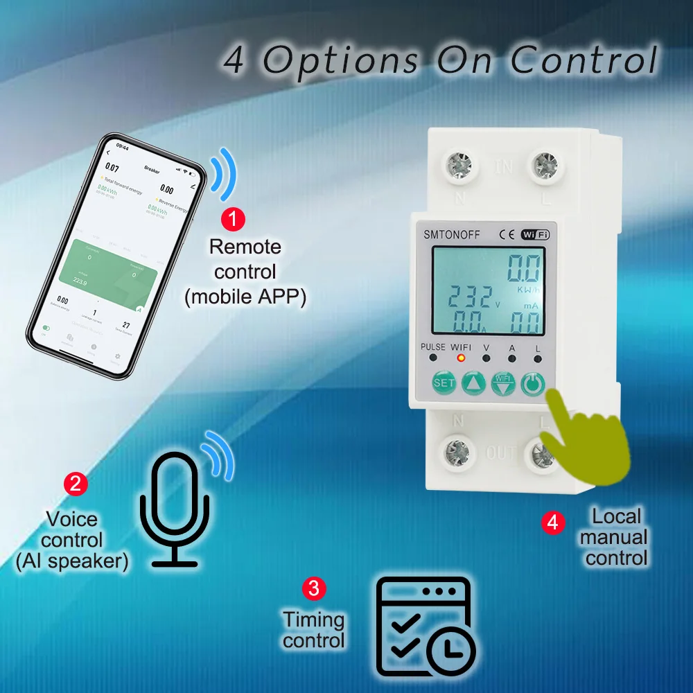 Tuya WiFi 2P 63A Bi-directional Measuring Prepaid kWh Meter Auto-reclosing Over