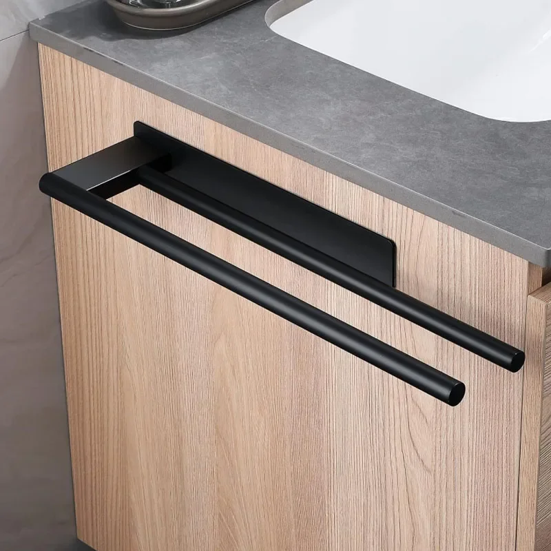 Wall-Mounted No Drilling Towel Rack Stainless Steel Self Adhesive Single Bar Double Bar Bath Towel Pole Bathroom Storage Shelf