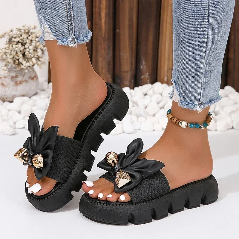 

Bow Women Slippers Luxury Flats Platform Mesh Casual Beach Shoes 2024 Sandals Summer Fashion Slides Female Zapatos Flip Flops