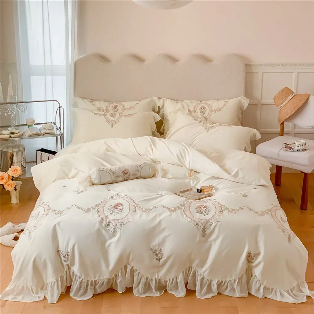 

Korean Style Princess Style 100 Long-Staple Cotton Cotton Four-Piece Set Embroidered Cotton High-End Quilt Cover Bed Sheet