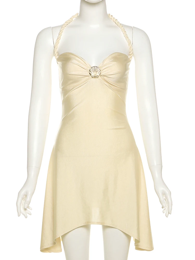 Nibber Shell Metal Decoration Dress Women Halter Low-Neck Irregular Hem Backless Sleeveless Folds Smooth Summer Mini Bodycon