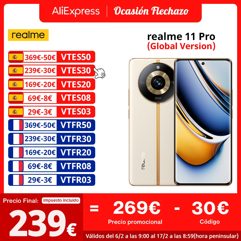 Versione Globale Realme 11 Pro 5G 6,7" 120Hz Curved Vision Display 100Mp Ois Prolight Camera Dimensity 7050 67W Supervooc Charge