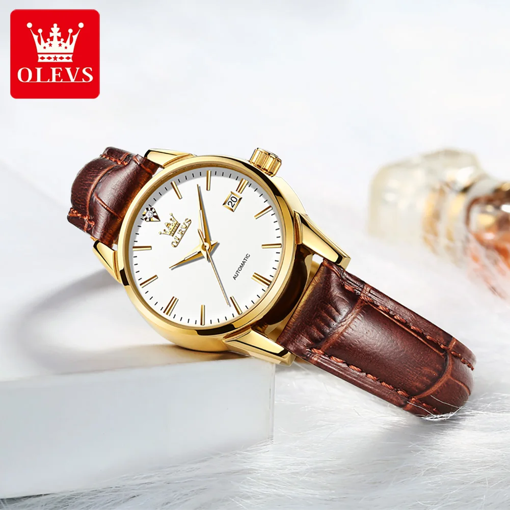 OLEVS Mechanical Watch for Women Fashion Leather Strap Waterproof Calendar Automatic Womens Watches Top Brand Luxury Wristwatch