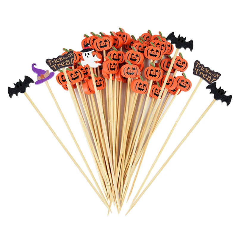 50/100PCS Halloween Bamboo Sticks Pumpkin Bat Pattern Buffet Cupcake Fruit Snack Fork Halloween Party Decorration Supplies fruit fork food picks bamboo sticks