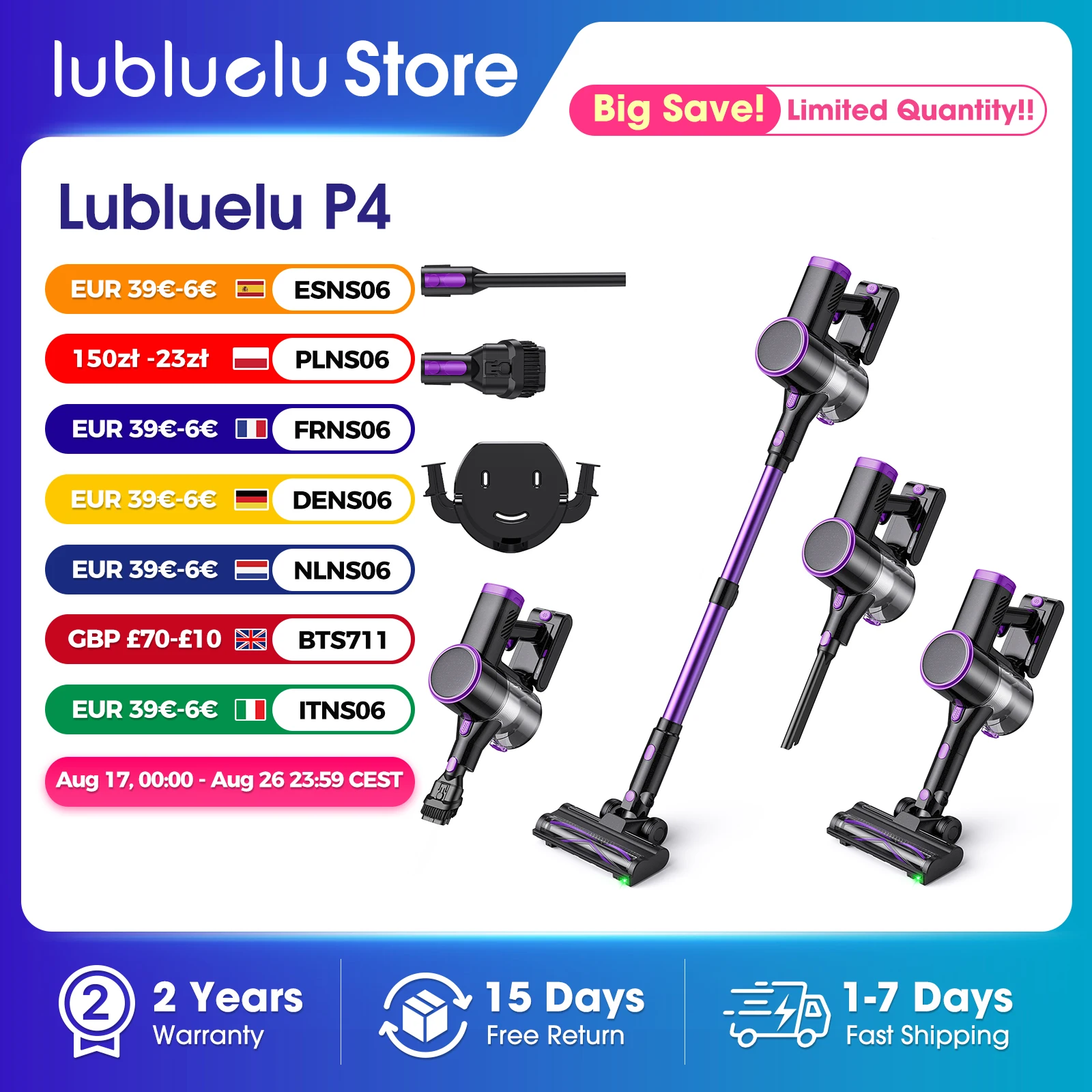 Odkurzacz bezprzewodowy Lubluelu P4, siła ssania 30Kpa, czas pracy 40 minut, samostojący, zielone LED, do podłóg twardych, dywanów i sierści zwierząt.