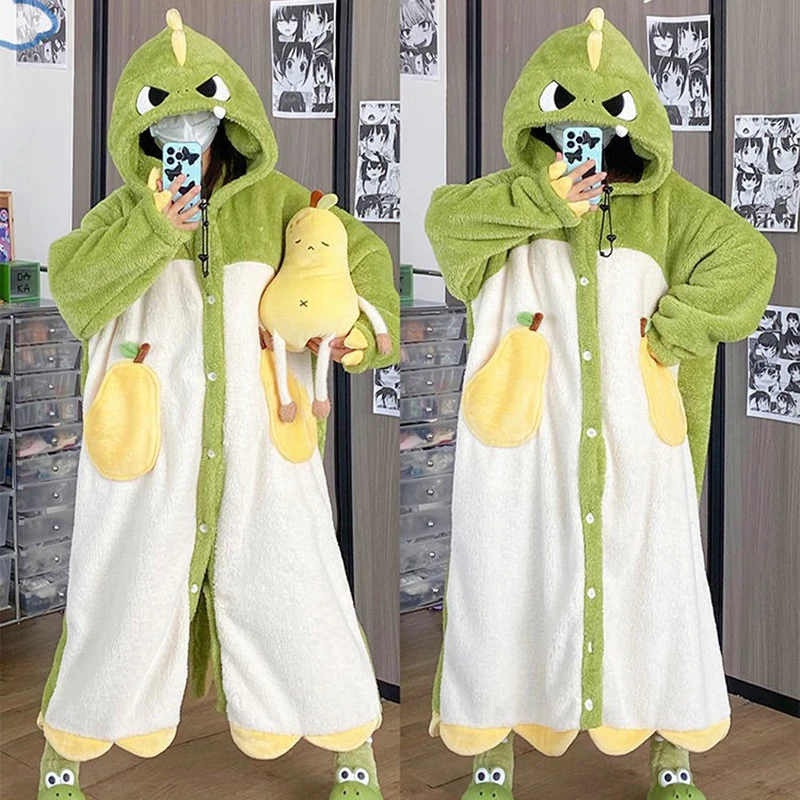 Women's Hooded Nightdress Autumn and Winter Warm Thicken Pajamas Sweet Dinosaur Cosplay Flannel Nightgowns Cute Funny Bath Robes