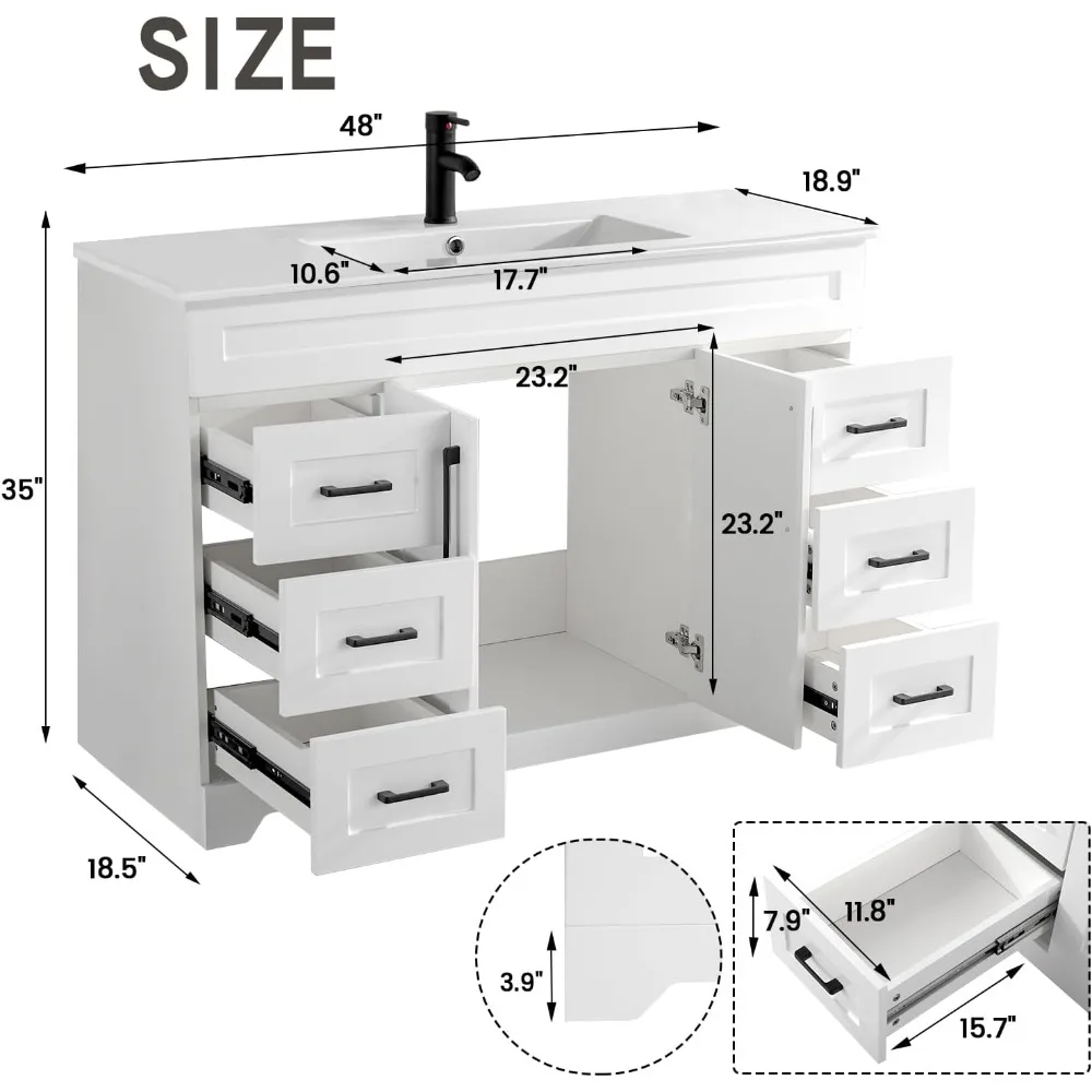 48” Bathroom Vanity with Ceramic Sink Combo, White Bathroom Cabinet with Soft Closing Doors & Drawers,Bathroom Storage Cabinet 2