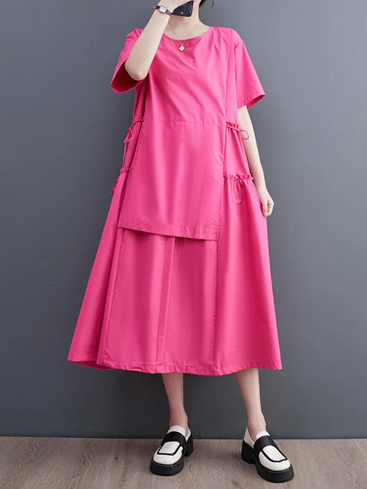 

Short Sleeve Patchwork Vintage Dresses For Women New Korean Fashion Loose Casual Long Dress Elegant Clothes Spring Summer 2023