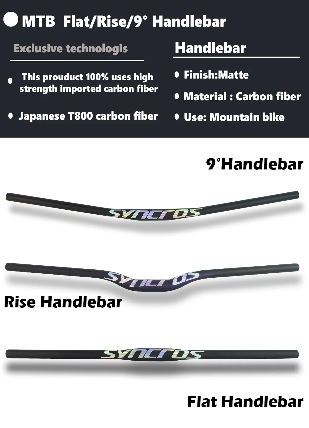 SYNCROS-Vollcarbon-Lenker, Mountainbike, BMX, flach, erhöht, 9 Grad, MTB-Fahrradzubehör, Chrom, neuestes Modell, 31,8 mm – Detail 2