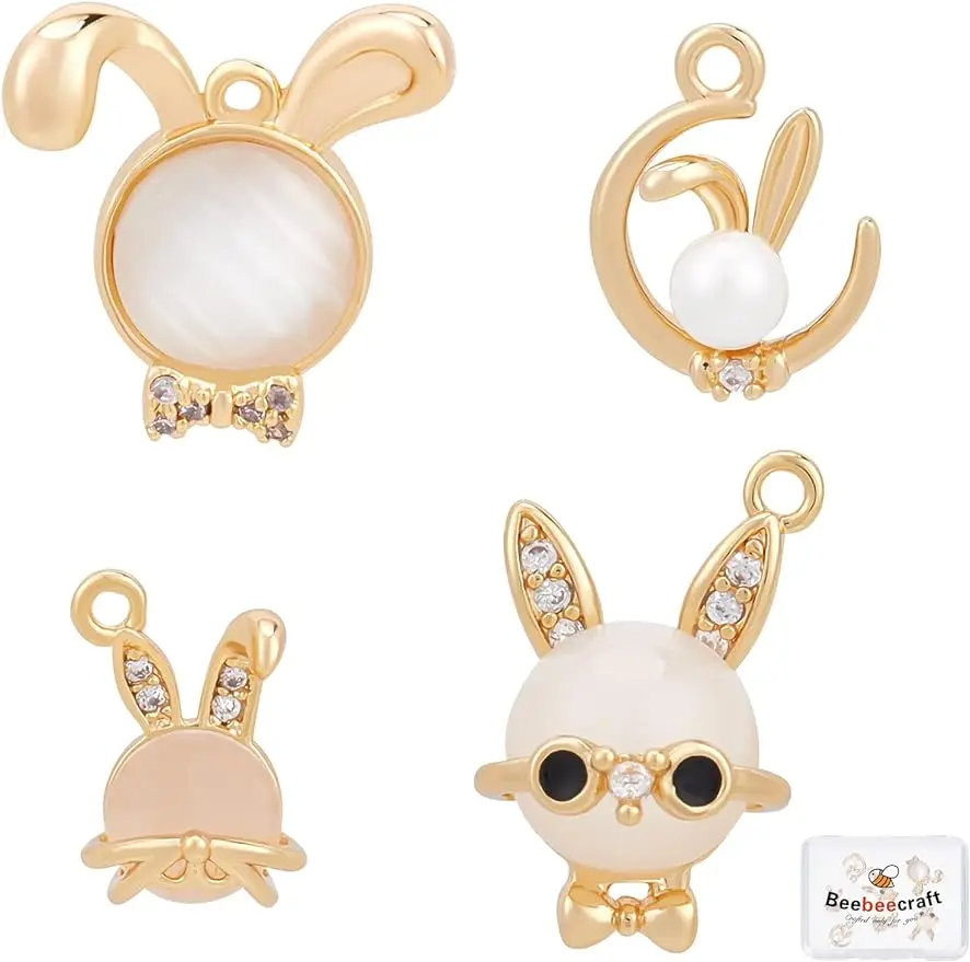 

8Pcs 4 Style Chinese New Year 2023 Rabbit Charms 18K Gold Plated Easter Bunny Charms with Cubic Zirconia Pearl Decoration