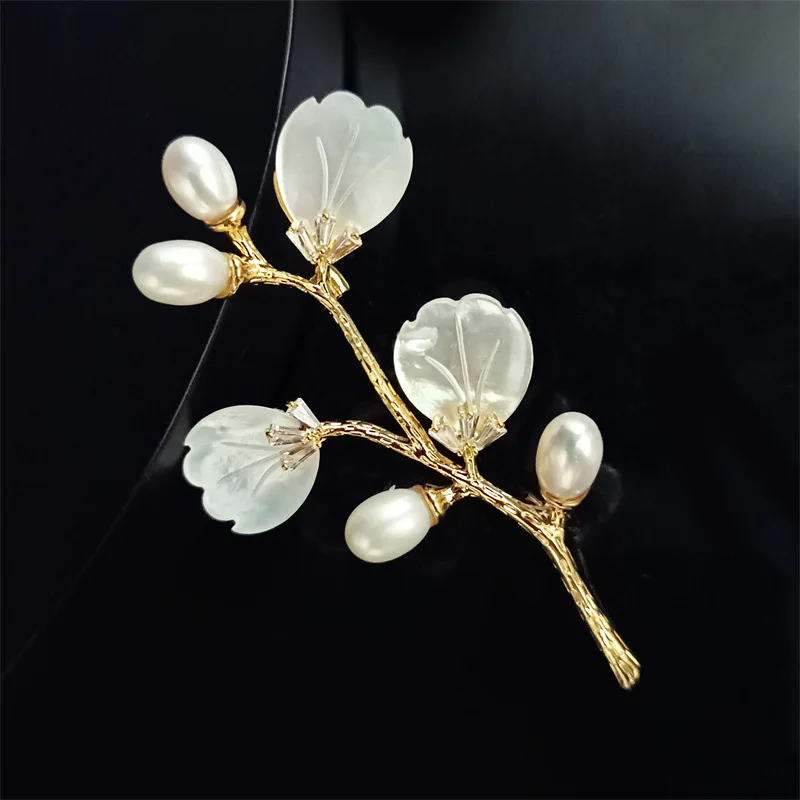 Simple Natural Shell Flower Branch Brooch Elegant Temperament Cardigan Coat Twig Pin Pearl Corsage Ornament Gift