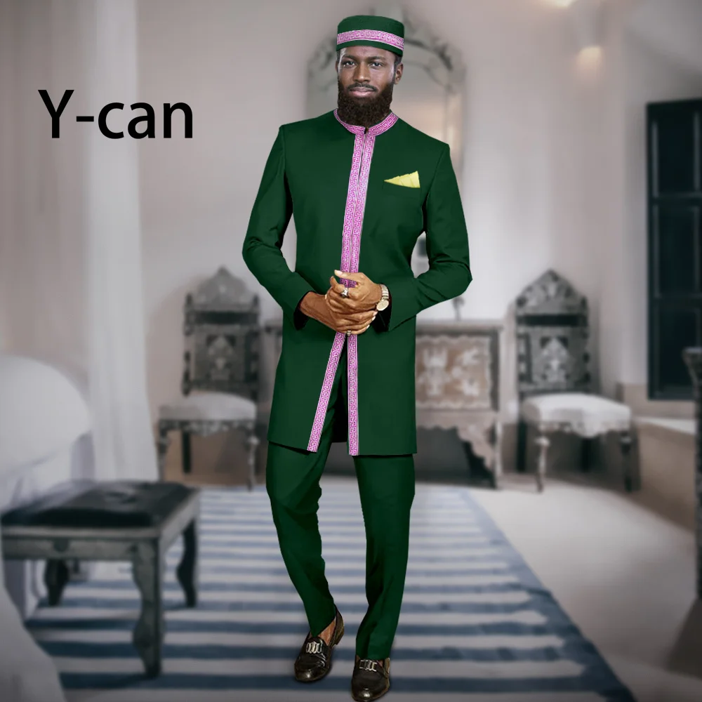 African Suits for Men Slim Fit Set Dashiki Applique Jacket and Trousers Match Muslim Caps Bazin Riche Attire Wedding A2316065 bazin riche african traditional clothing for men embroidery dashiki print zip blazer coats with trousers 2 piece suit a2116060