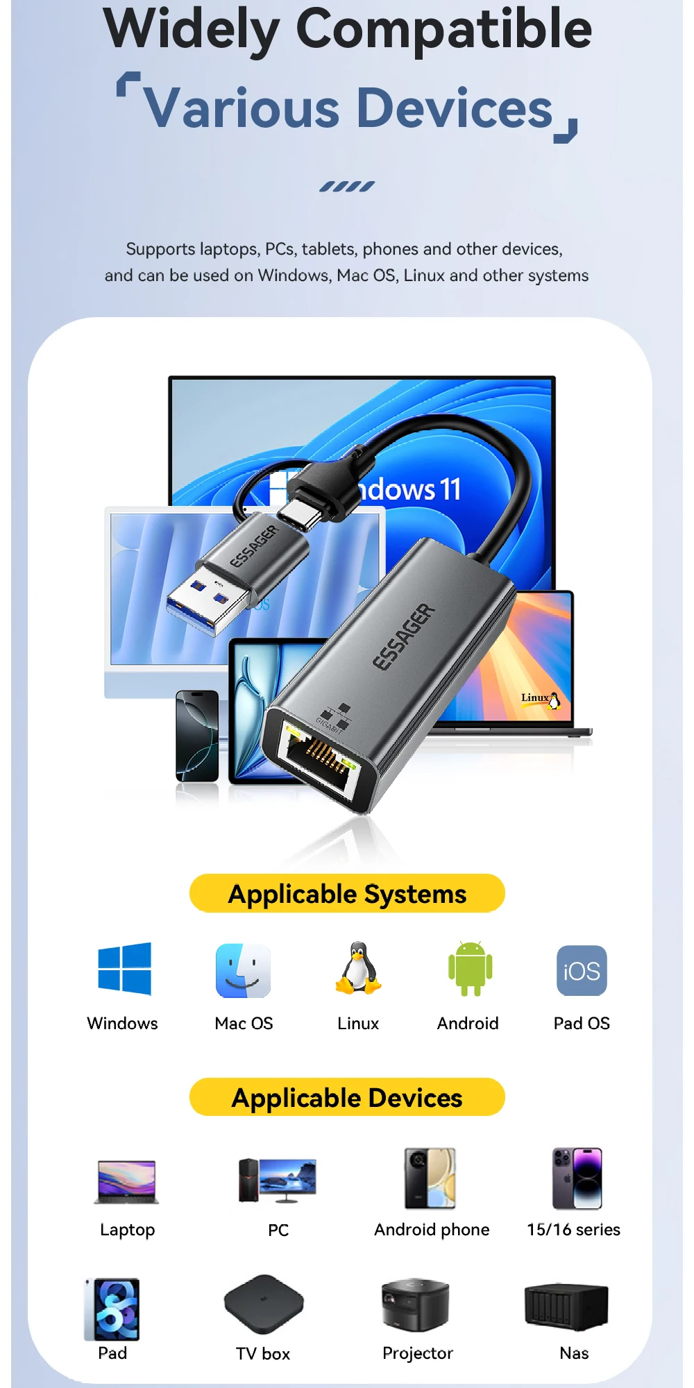 2-in-1 Ethernet Adapter USB-A/Type-C to RJ45 Network Card 1000Mbps Ethernet Giga