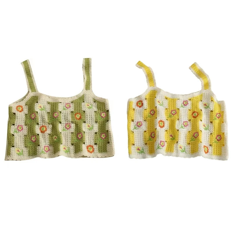 

Women Sweet Crochet Sleeveless for Tank Top Striped Floral Embroidery Knit Mini N7YF