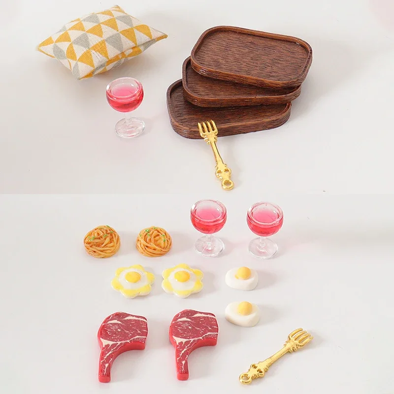 Charming Dollhouse Accessory - Simulated Dining Set with Steak, Pasta, and Red Wine Glass