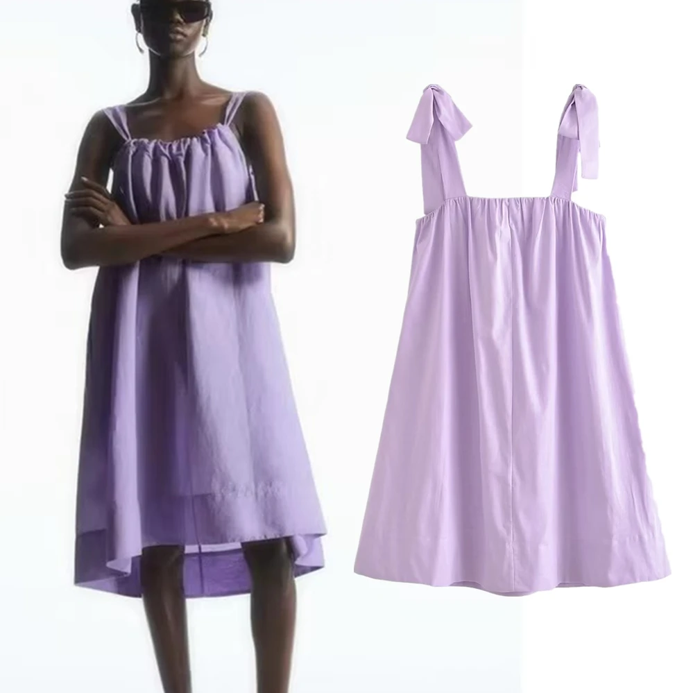 

Jenny&Dave French Violet Color Bow Knot Pleated Mini Dress Women 2024 Fashion Ladies Summer Tank Dress