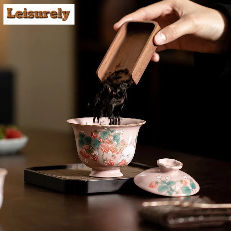 100ml Boutique Pink Ru Kiln Gaiwan Luxury Strawberry Rabbit Tea Tureen Household Tea Maker Cover Bowl for Accessories Gift
