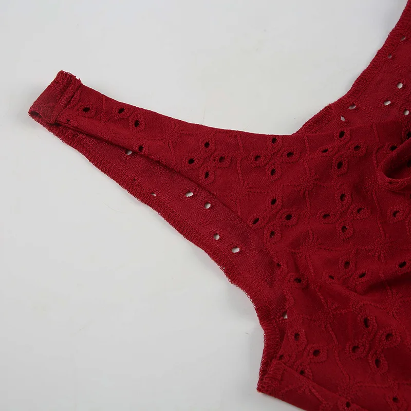 Blusas exquisitas con cuello en V, espalda descubierta y sin mangas con encaje rojo navideño para mujer