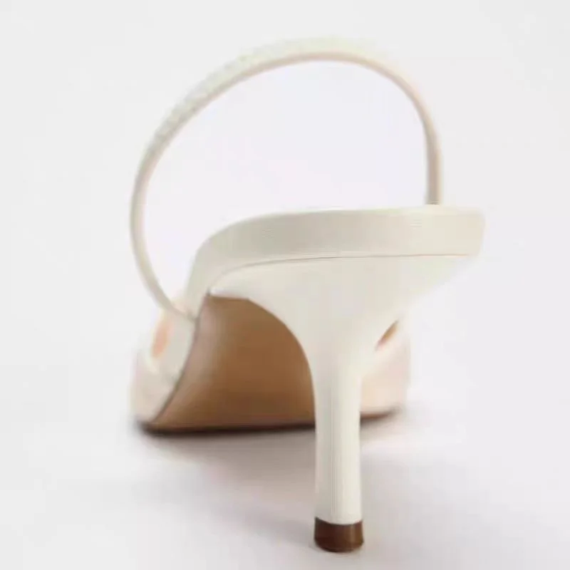 TRAF Woman Vintage Embroidered High Heels White Pointed Toe Stiletto High Heels Pumps Autumn Elegant Female Slingback High Heels 5