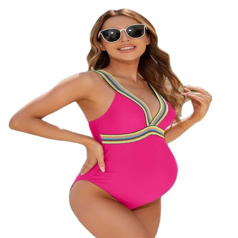 2023 European American Maternity Swimsuit Sexy V-Neck Pregnancy Women's Beachwear Bathing Suit Premama Splicing One Piece Bikini