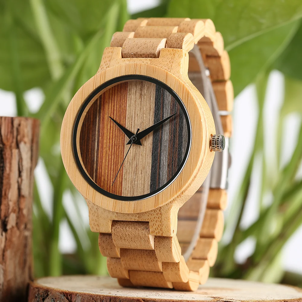 

Bamboo Wood Quartz Men's Wristwatch Irregular Stripes Dial Black Analogue Wooden Wristband Folding Clasp Casual Male Watches