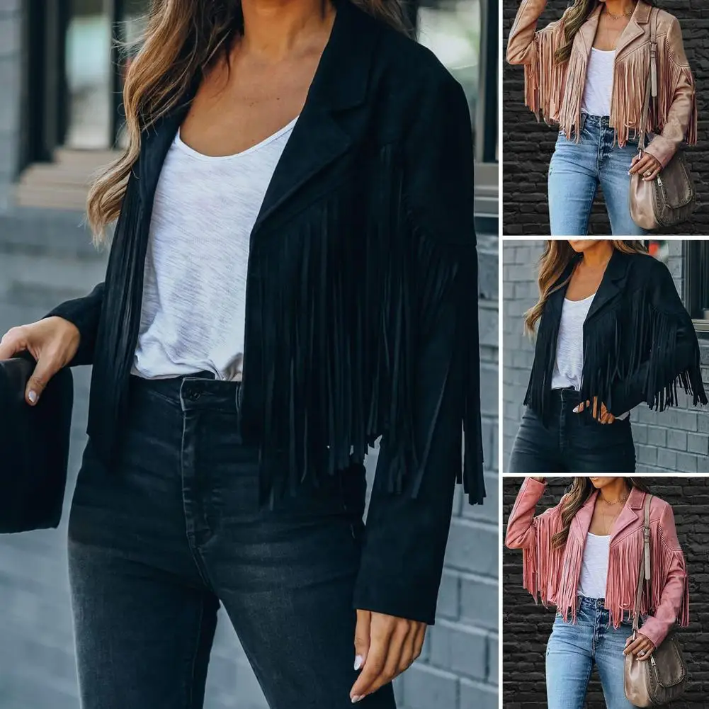 Giacche con frange Cappotto da donna in finta pelle scamosciata Nappe Giacche gotiche da cowgirl country occidentale vintage Capispalla corto Crop Top - immagine 5