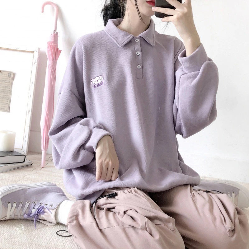 

Japanese Hoodies Female Cute Embroidered Polo Collar Korean Edition Student Loose Sleeve Plus Cotton Pink Purple Sweater