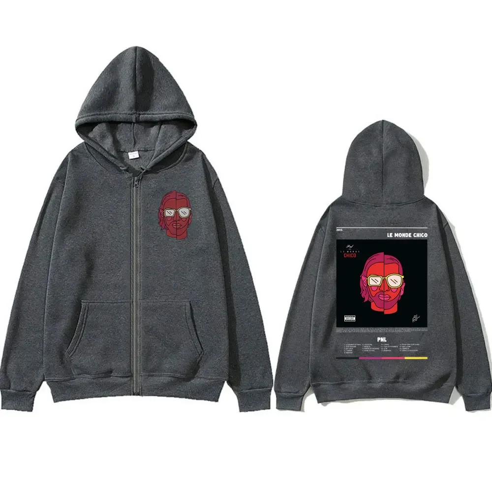 French Rapper PNL Le Monde Chico Album Print Zipper Hoodie Men Hip Hop Oversized Zip Up Jacket Men's Vintage Hoodies Streetwear