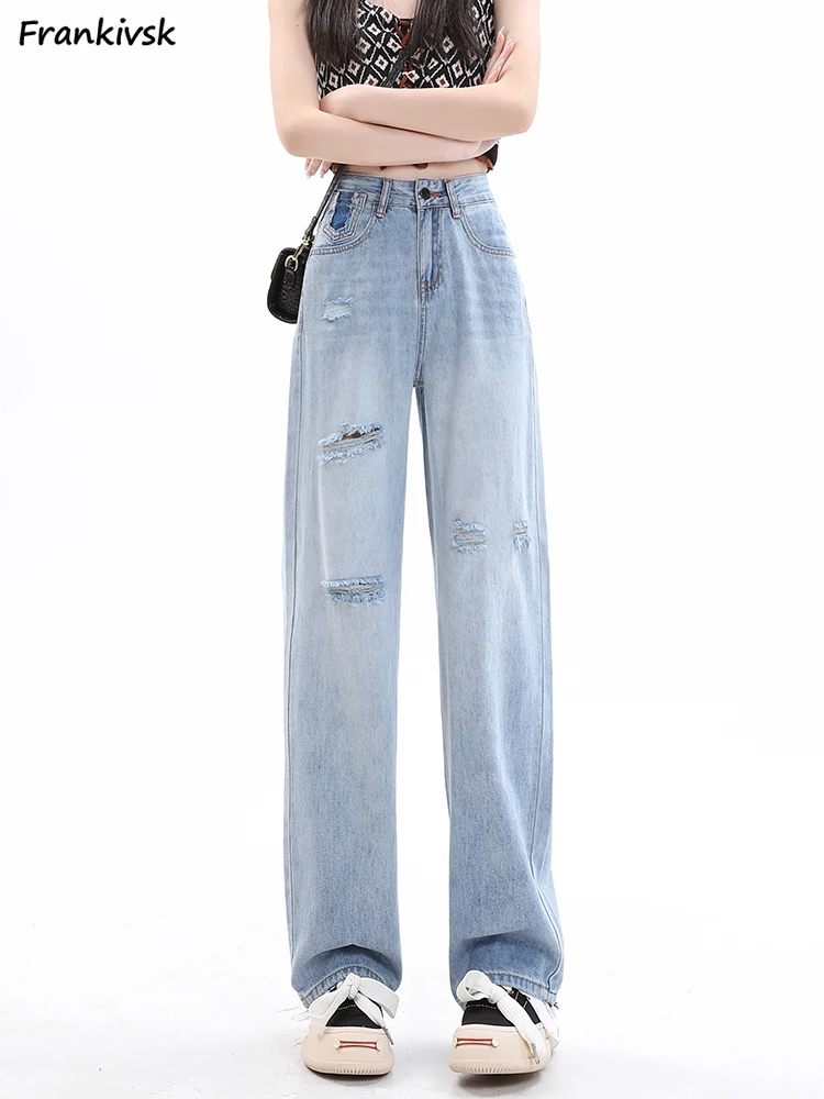 

Frayed Jeans Women Harajuku Japanese Style Wide Leg Loose High Street Hotsweet Leisure Washed All-match Fashion Spring