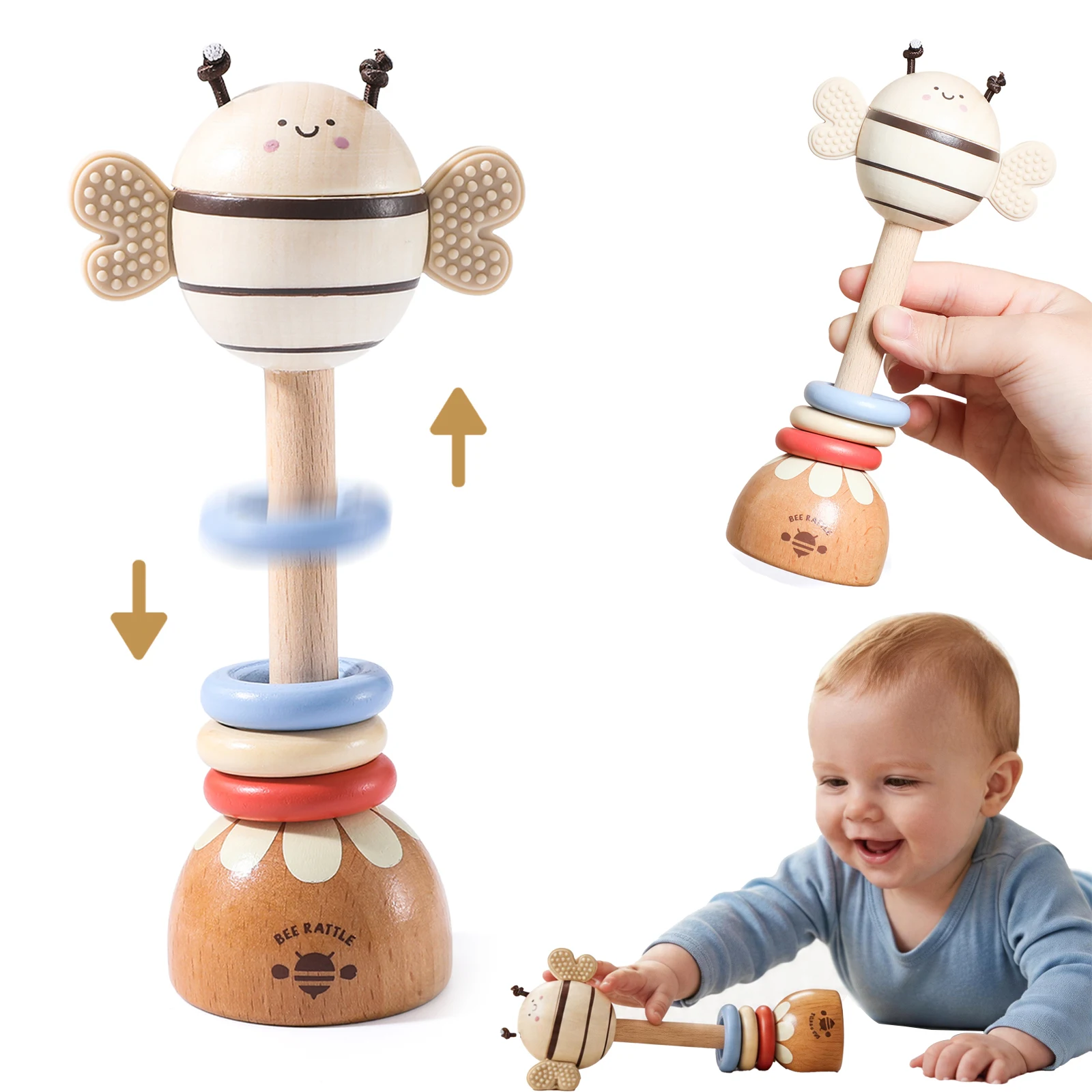 Chocalho de Madeira Abelha com Peças de Silicone: Desenvolvimento da Coordenação Motora Fina, Coordenação Olho-Mão e Estímulo Musical – Presente com Design Adorável